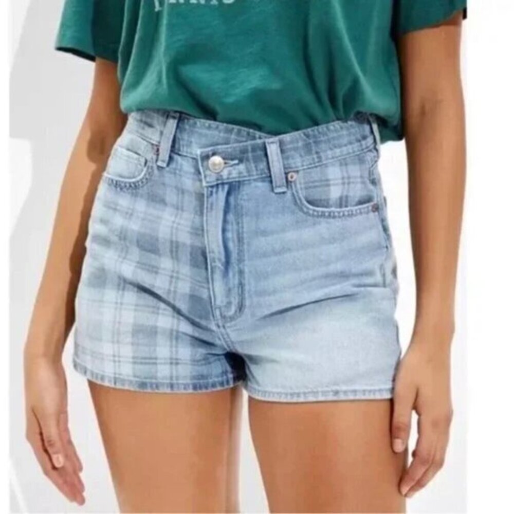 American Eagle Faded Light Plaid Mix Crossover Highest Waist Mom Shorts Sz 0